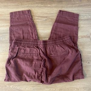 Linen Ankle Cropped Pants - Maroon